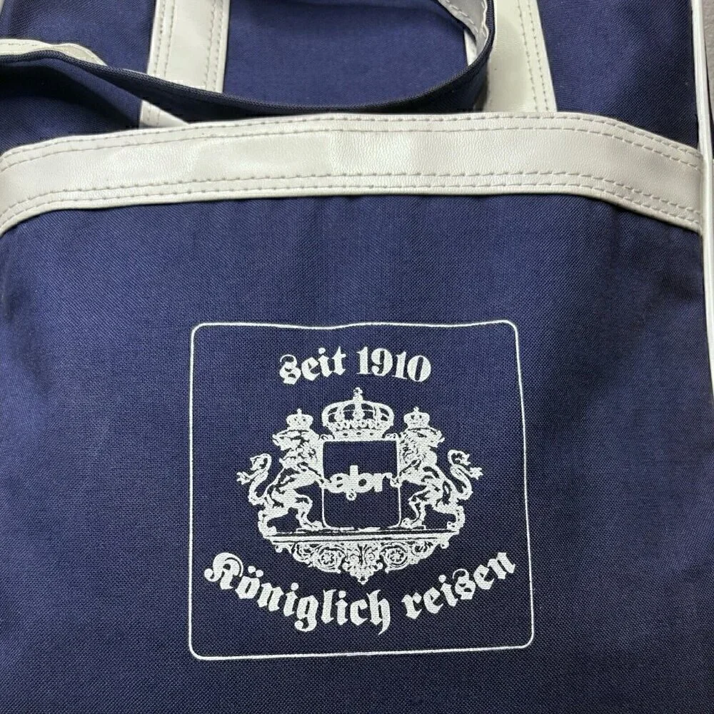 VTG 70s German Royal Travel Canvas Shoulder Tote Crossbody Bag Navy & White